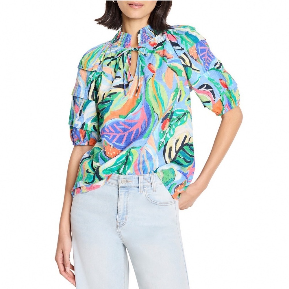 NIC+ZOE Island Beat Top Blue Multi Tropical Floral Smocked Neck Cotton Blouse XL